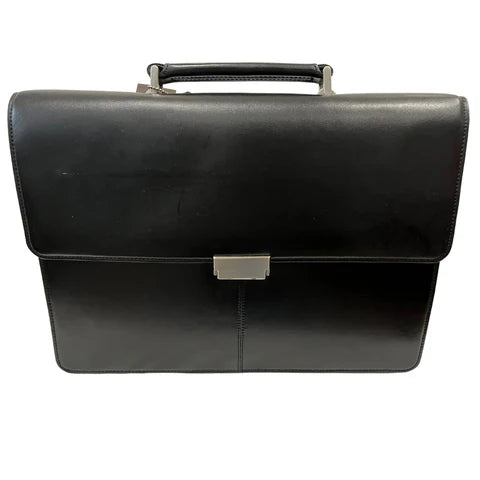 Quindici Luxury Designer Black Leather Flapover Briefcase Business Bag