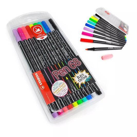 STABILO Pen 68 Fibre Tip Felt Pens - Limited Black Barrel Edition - 10 Pack